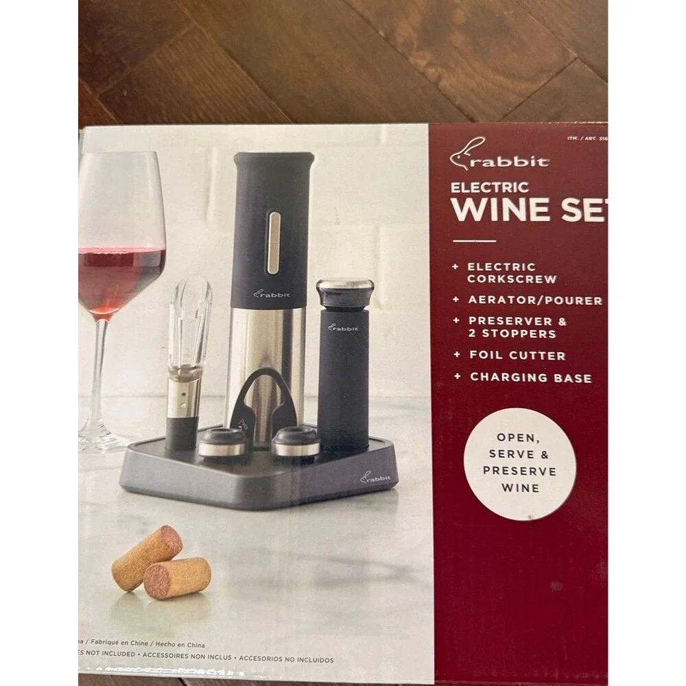 Rabbit Electric Wine Opener Set Corkscrew Aerator Stoppers Charger NIB